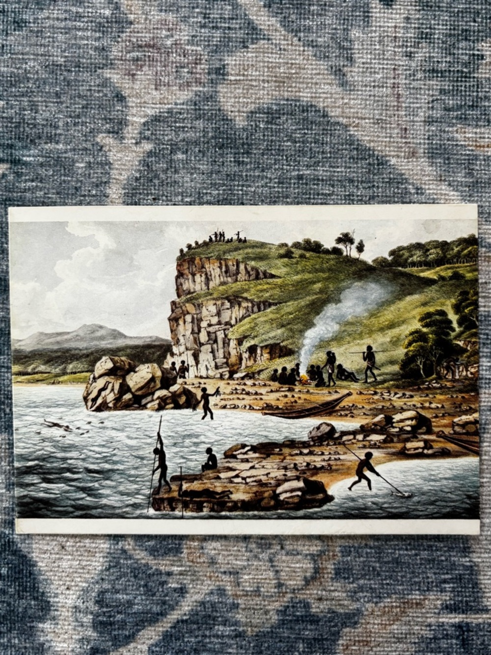 Landscape Coastal Print in Green and Blue Aborigines Spearing Fish Australia